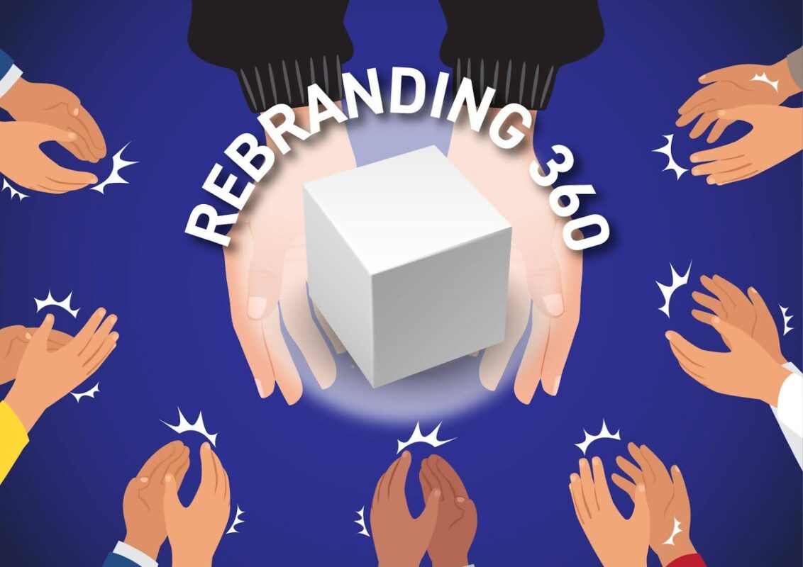 Illustration of seven pairs of hands surrounding and applauding a glowing white cube labeled 'Rebranding 360' on a blue background, symbolizing a collaborative rebranding strategy